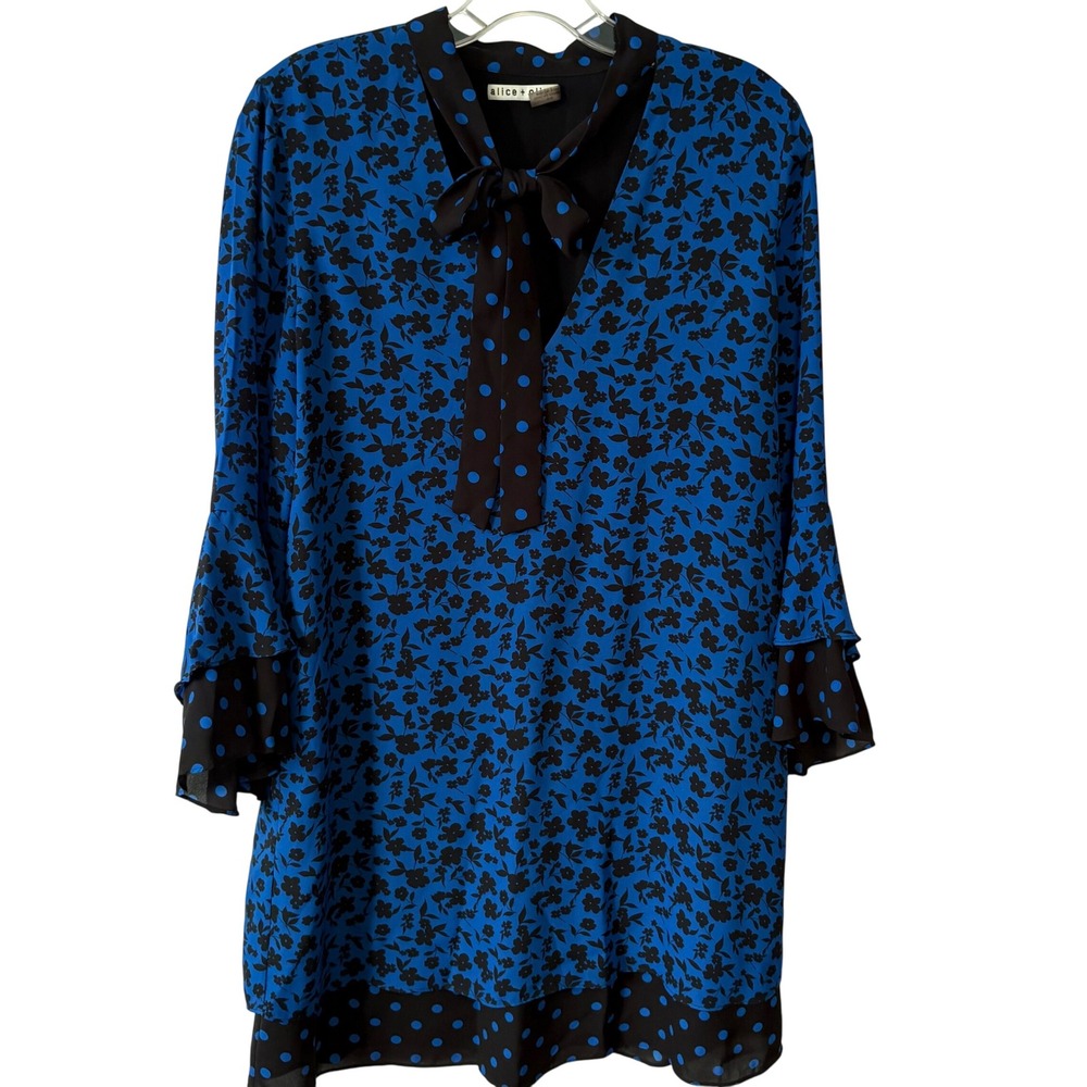 Alice & Olivia Women's Blue Black Mixed Print Wellesley Tie Neck Dress in Size M